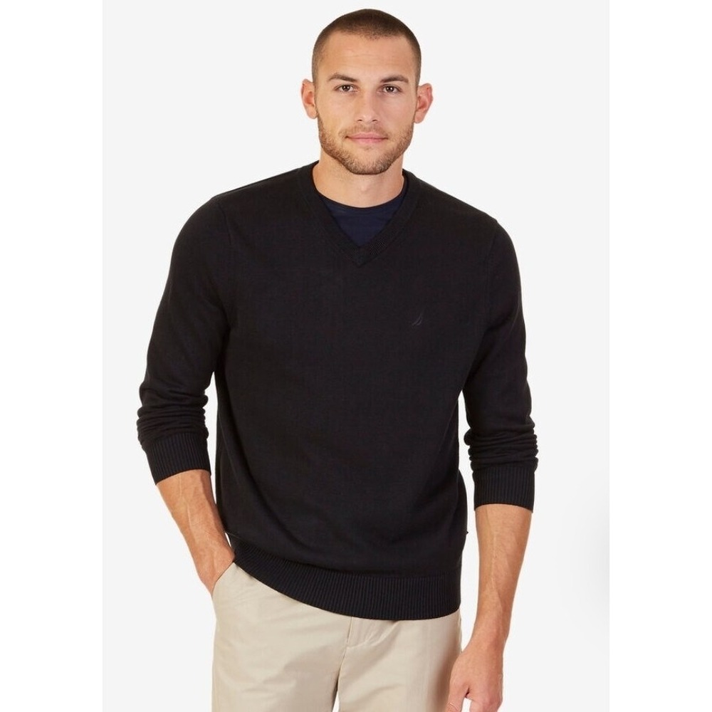 NAUTICA‎ men's sweater Black w Logo V-Neck cotton Blend Size Large Knit Preppy